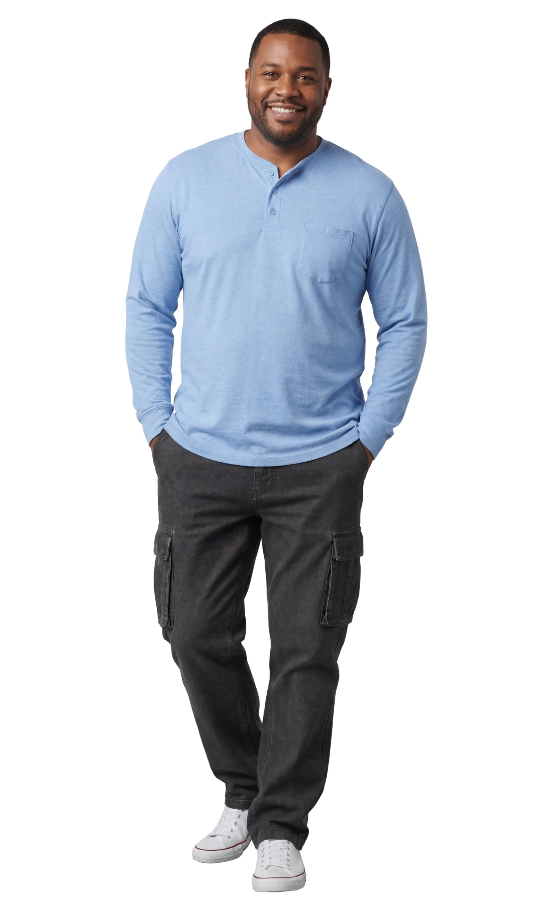 Turtle Bay men's long sleeve henley shirt in Blue Heather, front view, alternate view