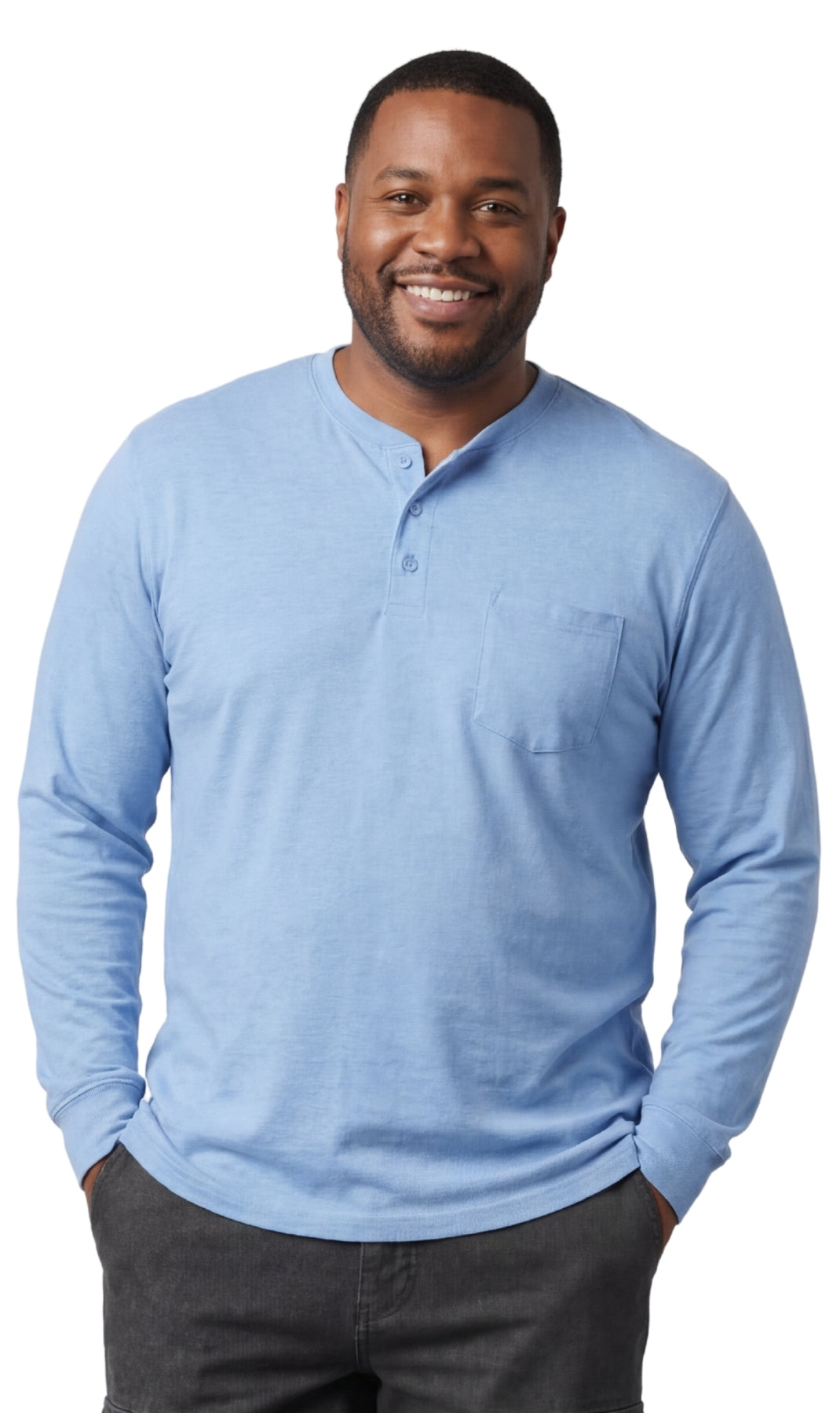 Turtle Bay men's long sleeve henley shirt in Blue Heather, front view