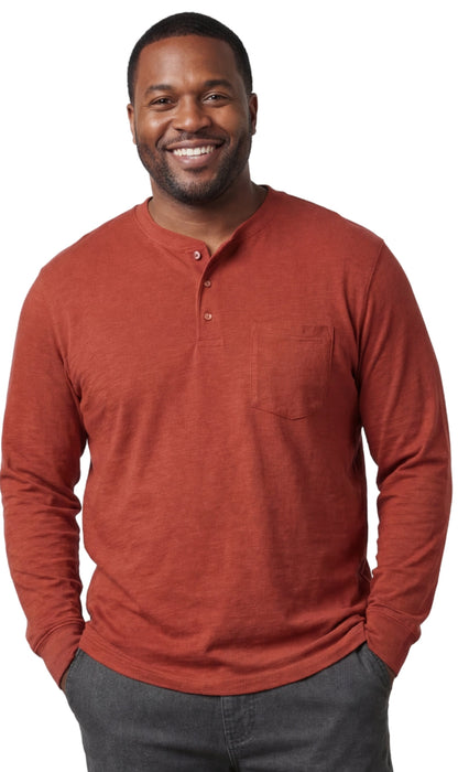 Turtle Bay men's long sleeve henley shirt in Redwood, front view