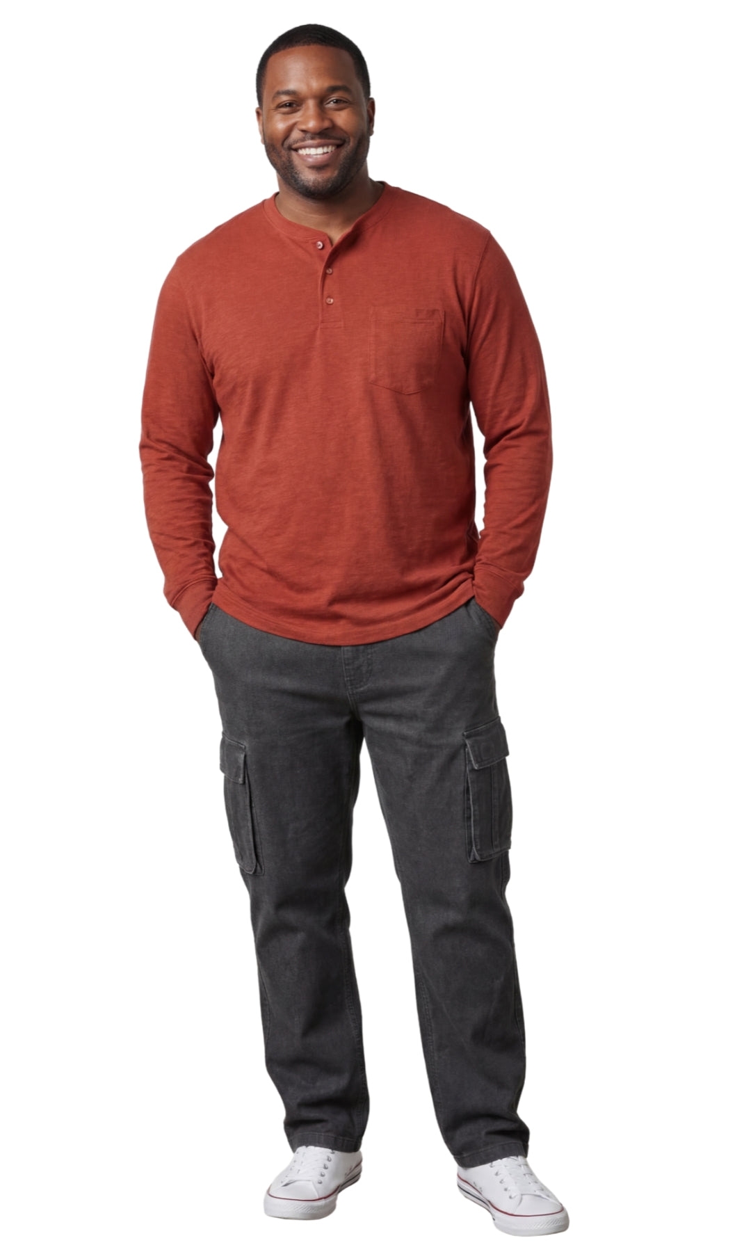 Turtle Bay men's long sleeve henley shirt in Redwood, full-length view