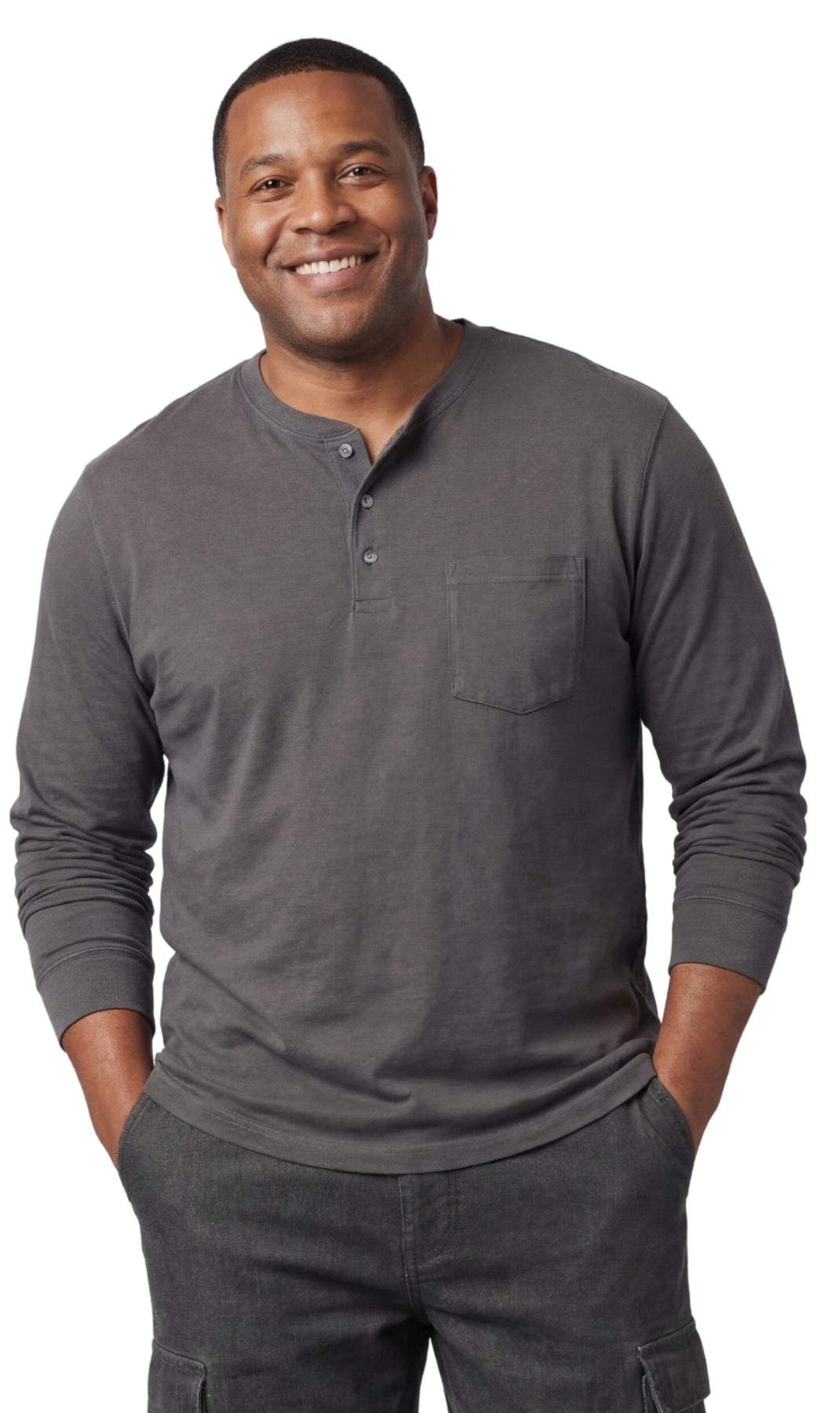 Turtle Bay men's long sleeve henley shirt in Charcoal Heather, front view