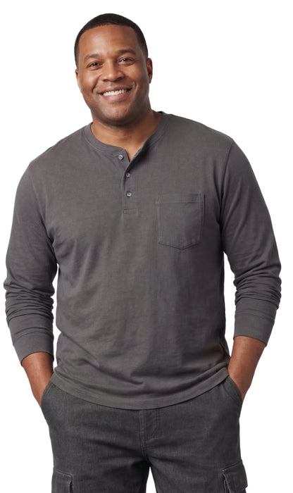 Turtle Bay men's long sleeve henley shirt in Charcoal Heather, front view