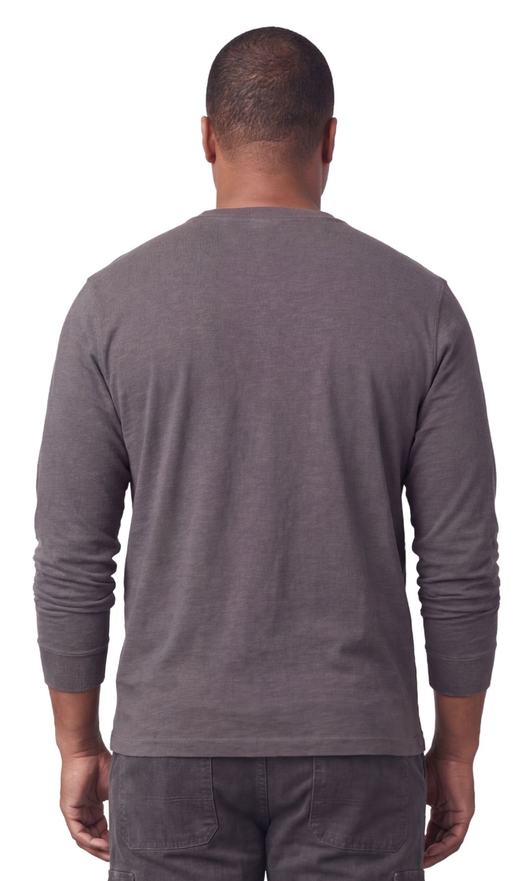Turtle Bay men's long sleeve henley shirt in Charcoal Heather, back view