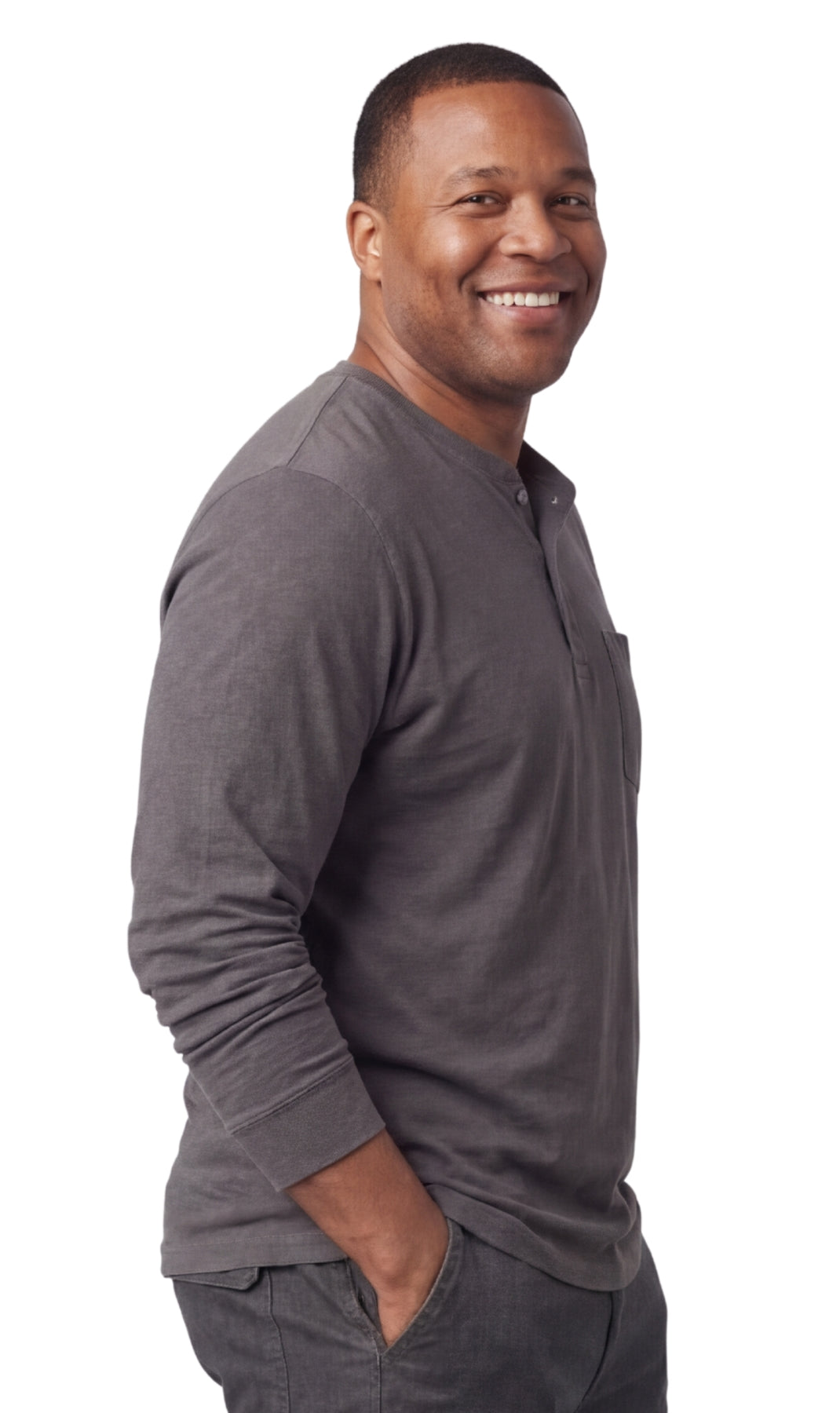 Turtle Bay men's long sleeve henley shirt in Charcoal Heather, side view