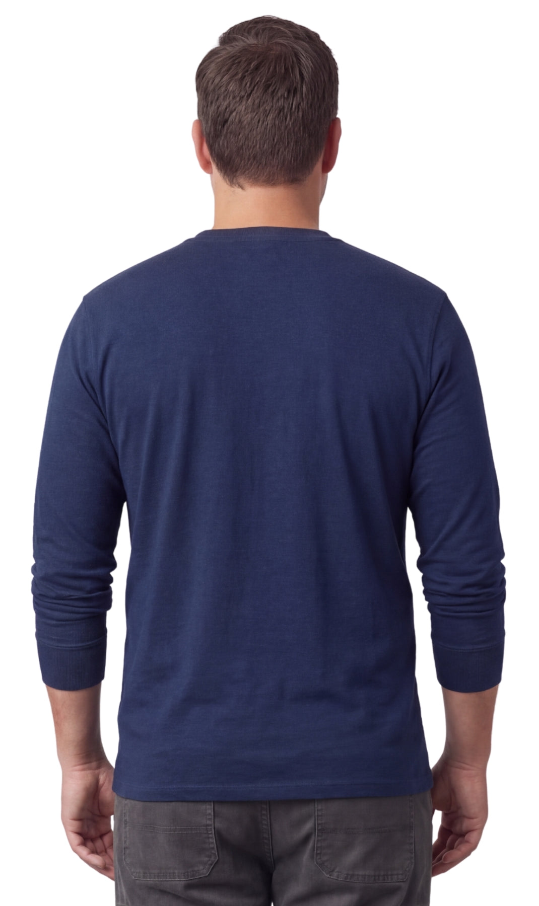 Turtle Bay men's long sleeve henley shirt in Navy, back view