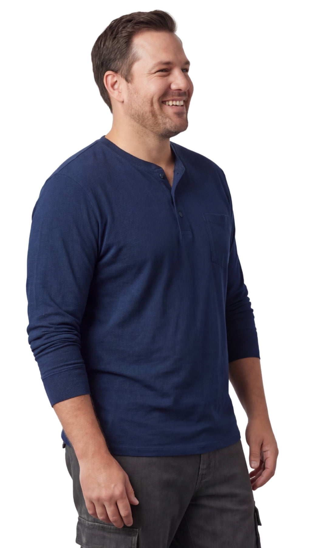Turtle Bay men's long sleeve henley shirt in Navy, side view