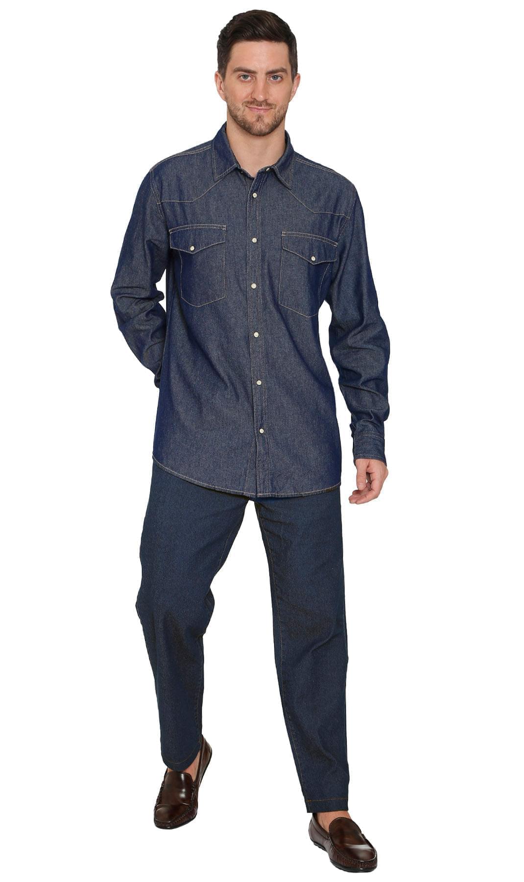 Turtle Bay men's western snap button shirt in Indigo, styled photo