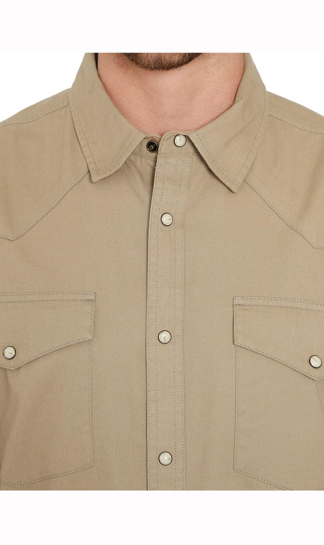 Turtle Bay men's western snap button shirt in Khaki, styled photo