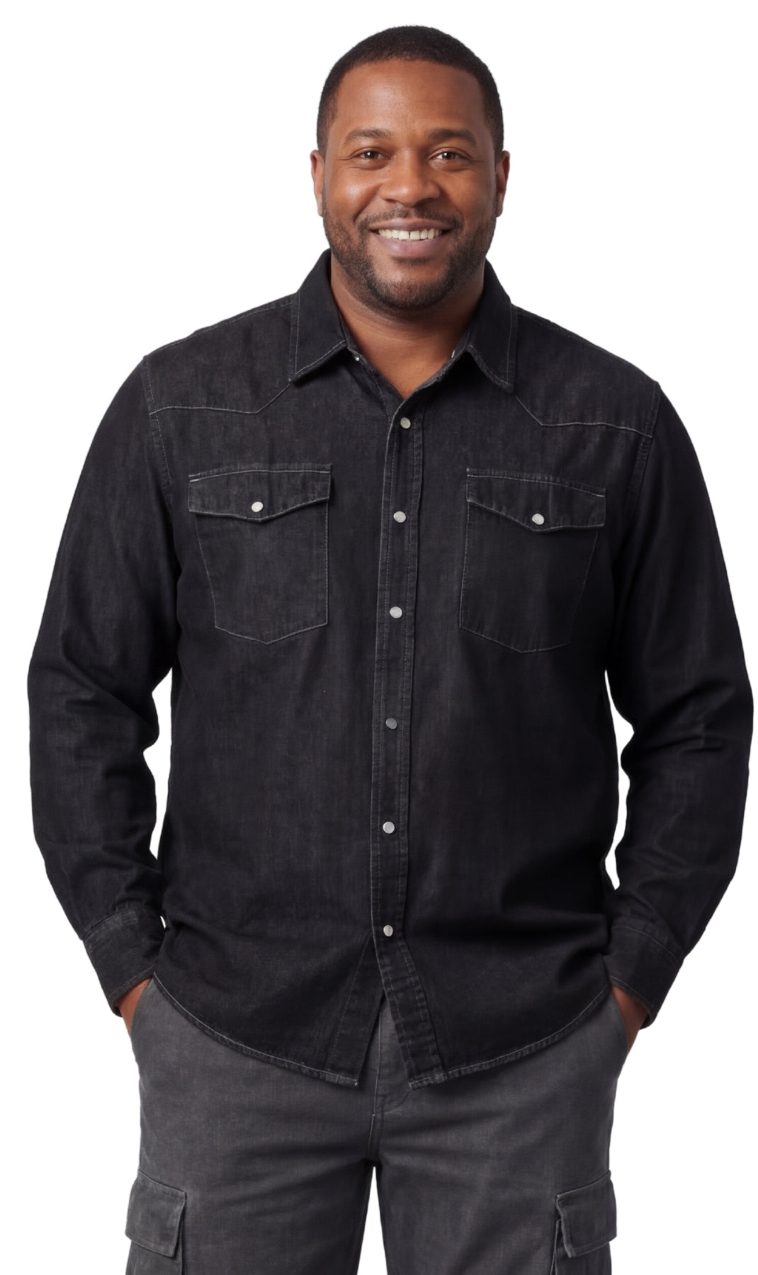 Turtle Bay men's western snap button shirt in Black, front view