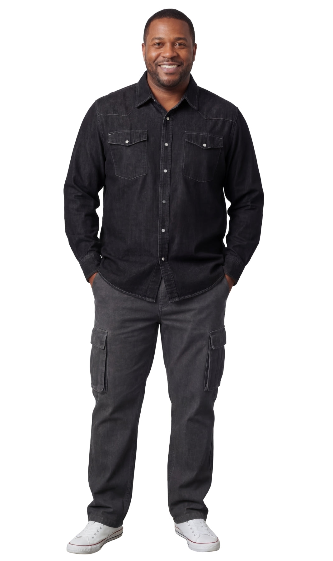Turtle Bay men's western snap button shirt in Black, full-length view