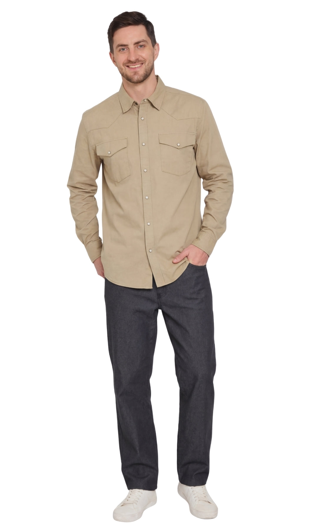 Turtle Bay men's western snap button shirt in Khaki, full-length view