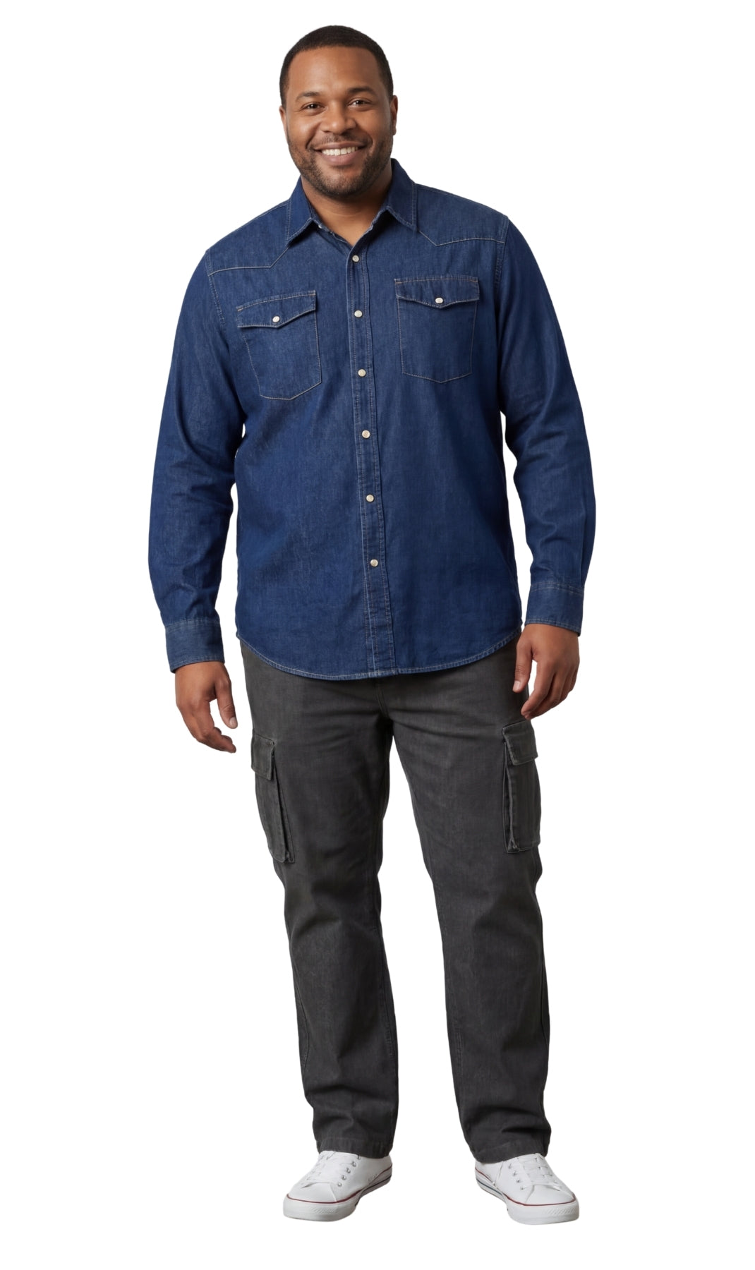 Turtle Bay men's western snap button shirt in Med Blue, full-length view