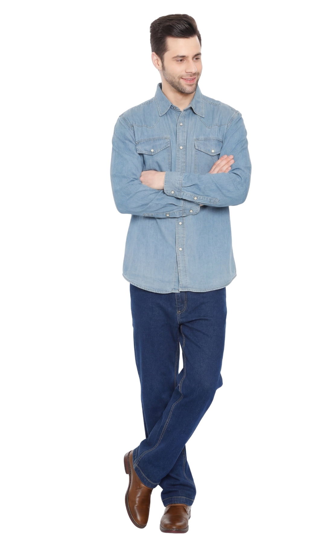 Turtle Bay men's western snap button shirt in Stone Wash, full-length view