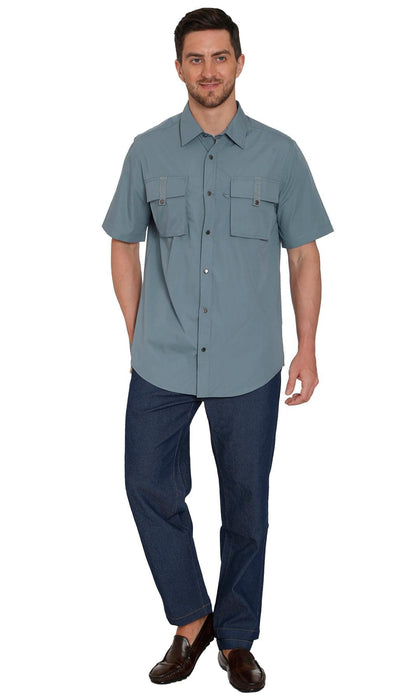 Turtle Bay men's short sleeve explorer snap shirt in Cadet Blue, styled photo