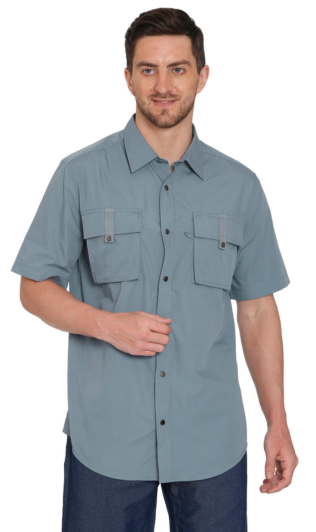 Turtle Bay men's short sleeve explorer snap shirt in Cadet Blue, additional detail