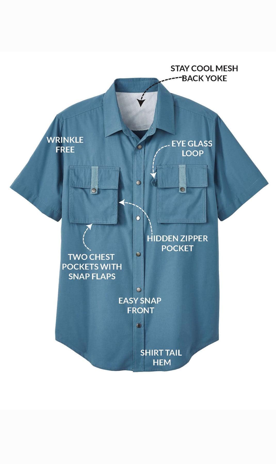 Turtle Bay men's short sleeve explorer snap shirt in Cadet Blue, close detail