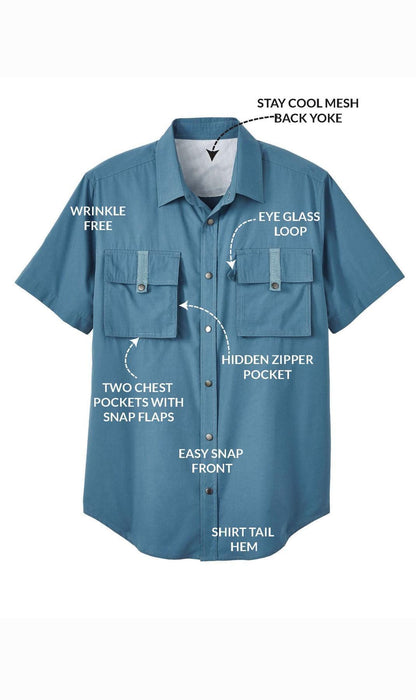 Turtle Bay men's short sleeve explorer snap shirt in Cadet Blue, close detail