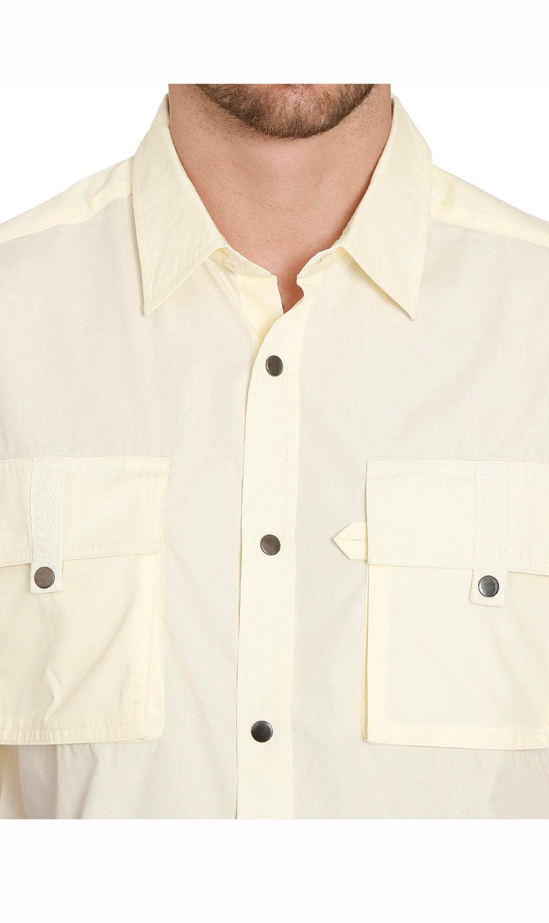 Turtle Bay men's short sleeve explorer snap shirt in Wheat, styled photo