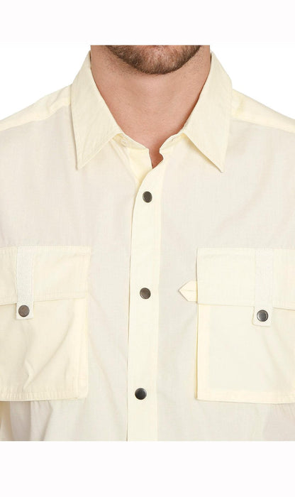 Turtle Bay men's short sleeve explorer snap shirt in Wheat, styled photo