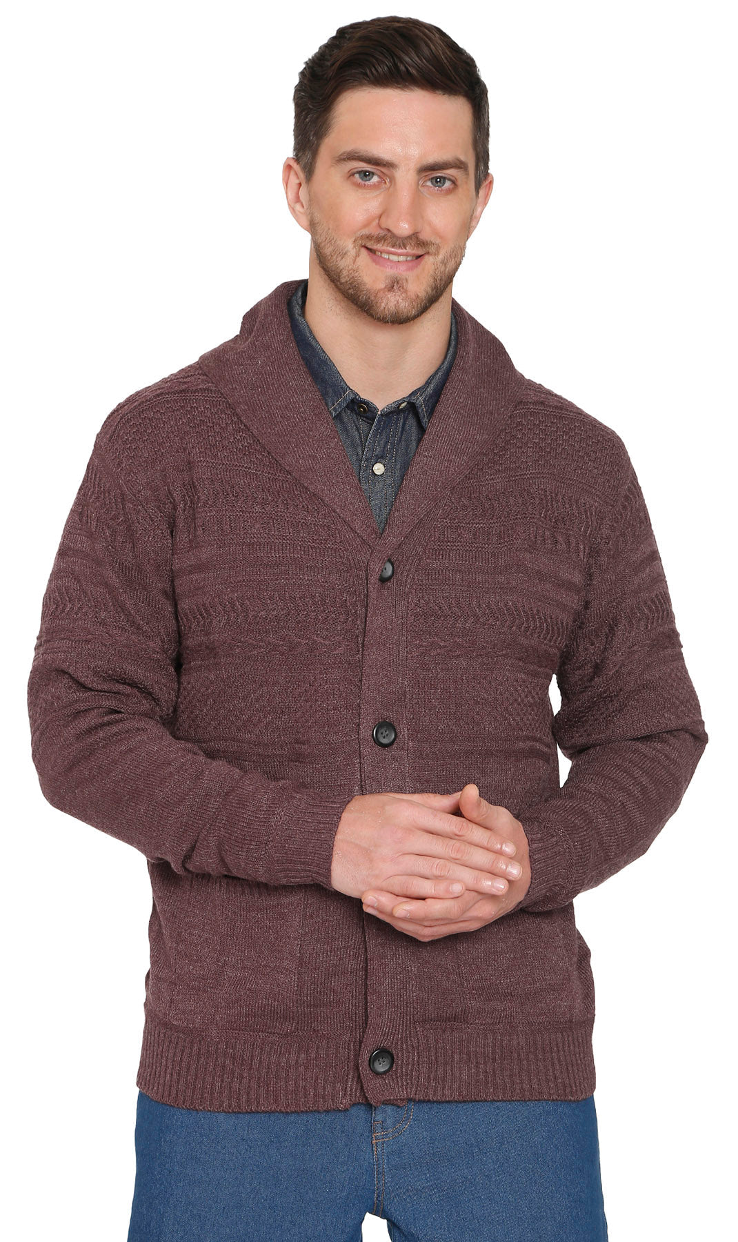 Turtle Bay men's jacquard knit shawl collar cardigan in Burgundy