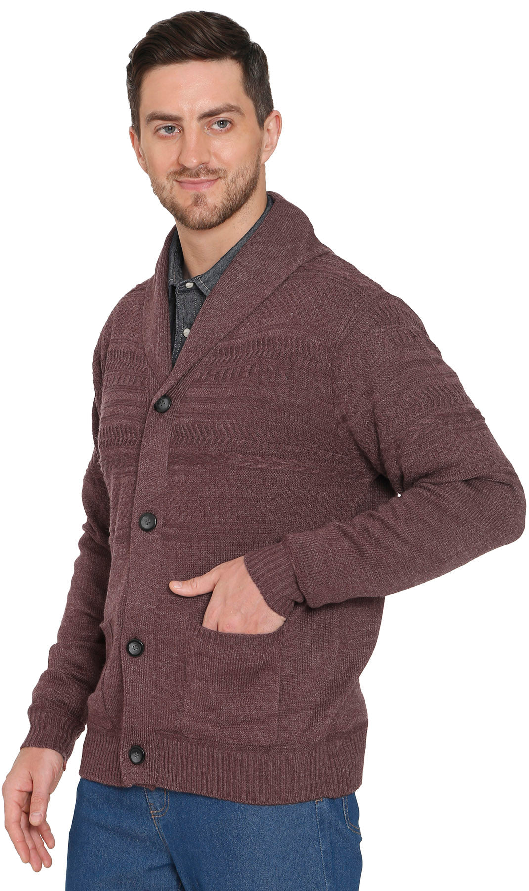 Turtle Bay men's jacquard knit shawl collar cardigan in Burgundy, additional detail