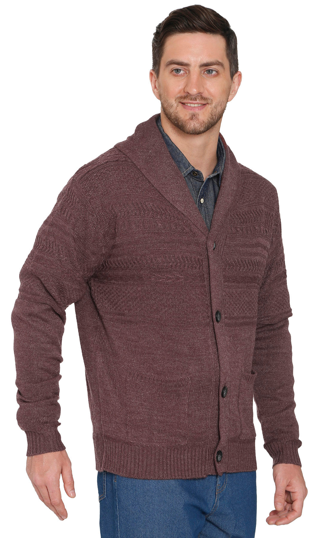 Turtle Bay men's jacquard knit shawl collar cardigan in Burgundy, styled photo
