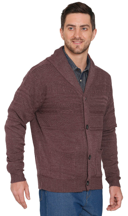 Turtle Bay men's jacquard knit shawl collar cardigan in Burgundy, styled photo