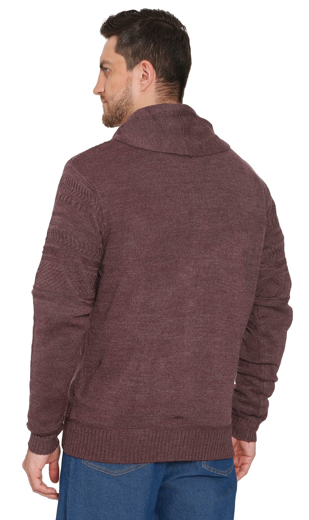 Turtle Bay men's jacquard knit shawl collar cardigan in Burgundy, alternate view