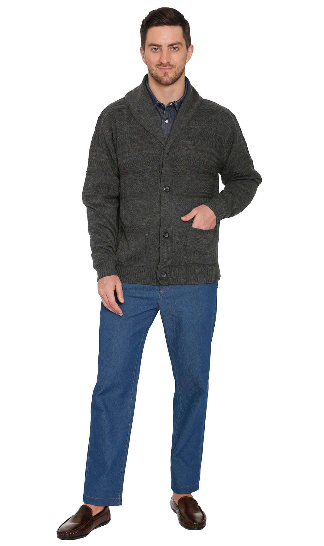 Turtle Bay men's jacquard knit shawl collar cardigan in Charcoal, product photo