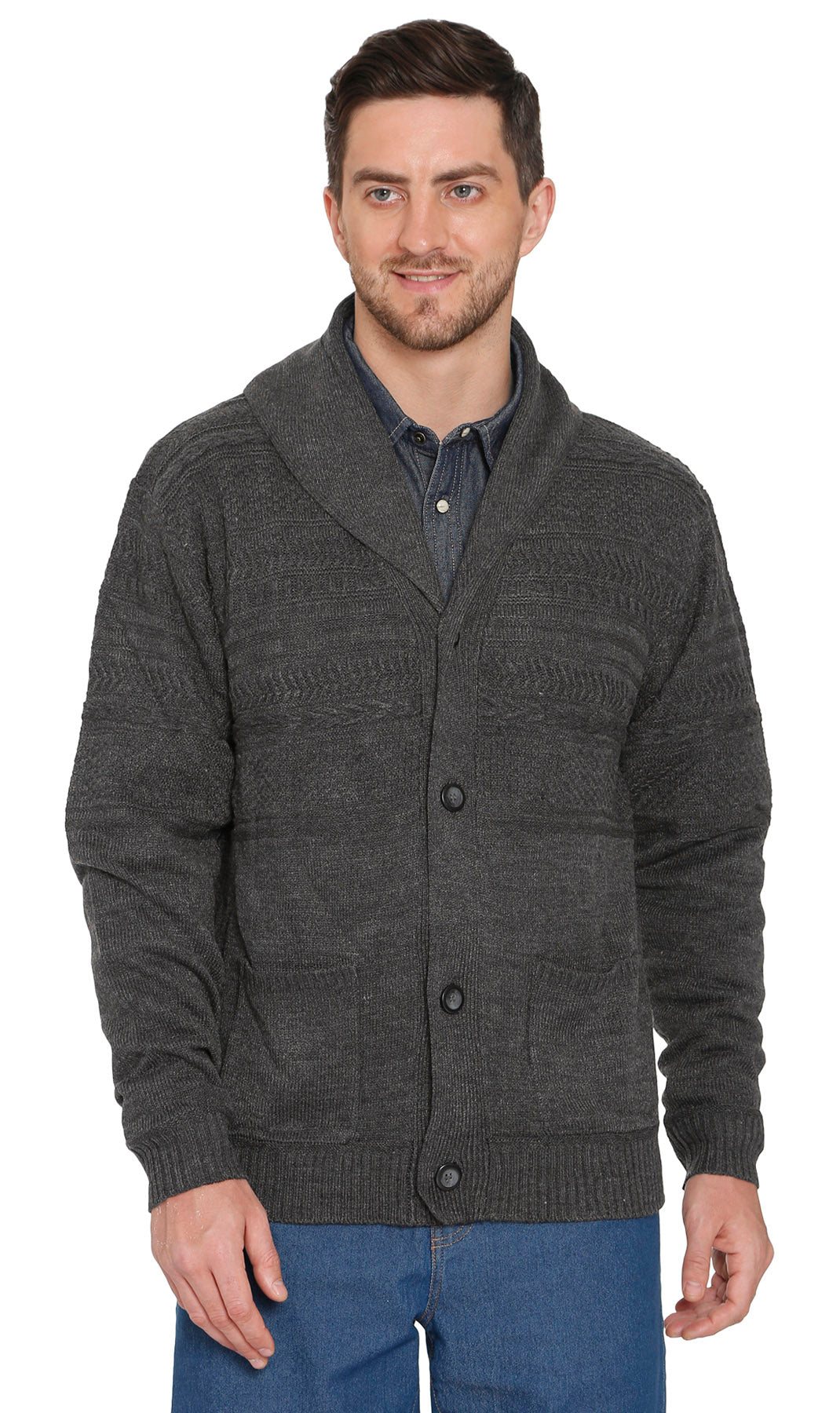 Turtle Bay men's jacquard knit shawl collar cardigan in Charcoal