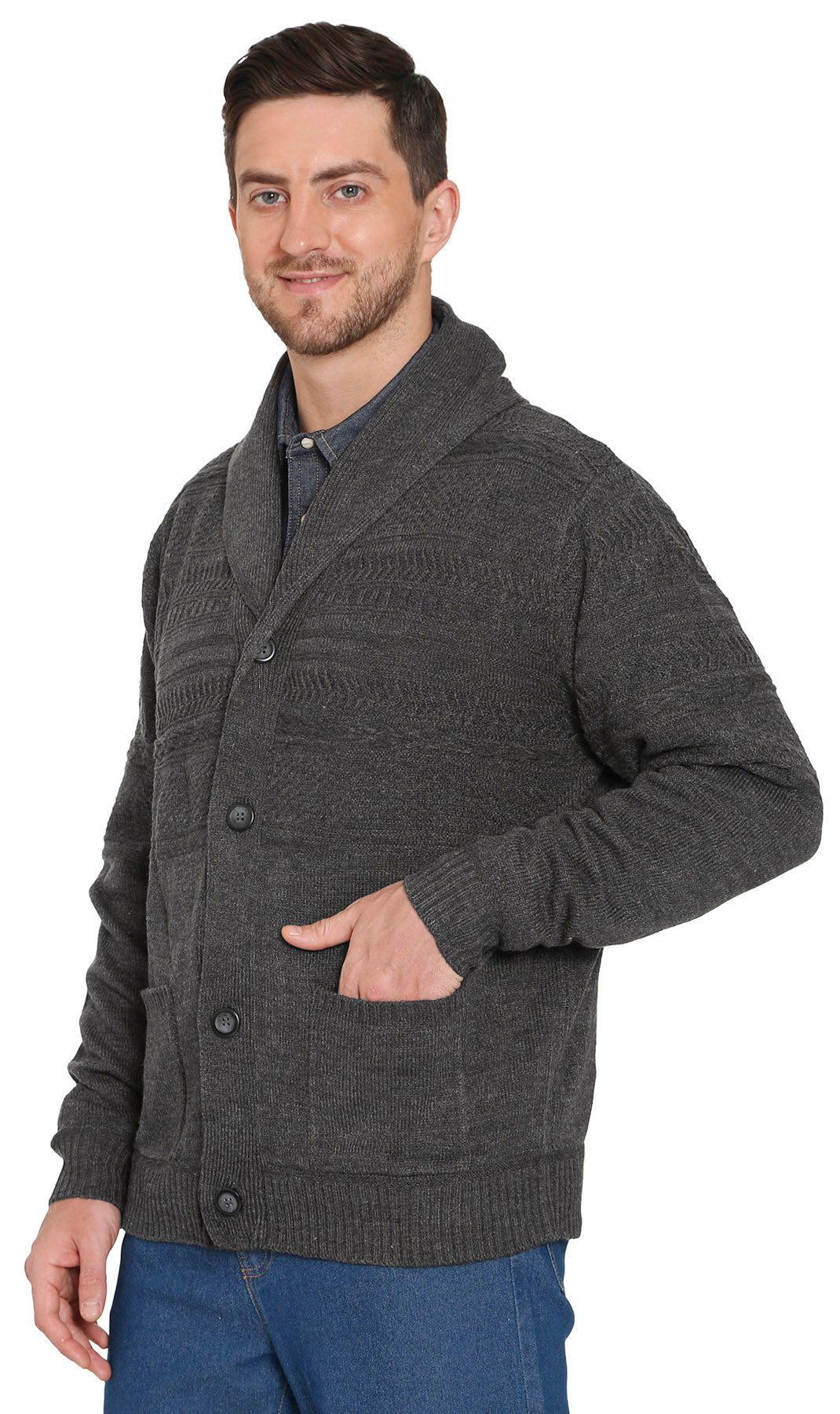 Turtle Bay men's jacquard knit shawl collar cardigan in Charcoal, additional detail