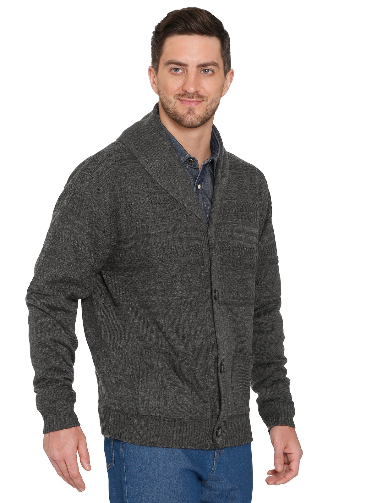 Turtle Bay men's jacquard knit shawl collar cardigan in Charcoal, styled photo