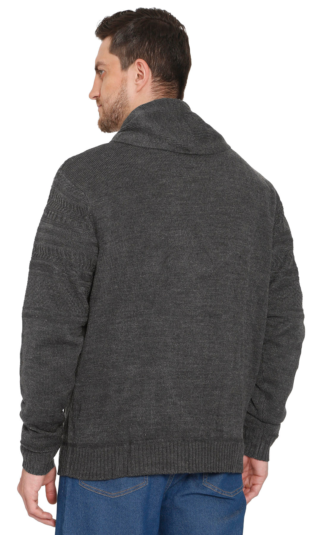 Turtle Bay men's jacquard knit shawl collar cardigan in Charcoal, alternate view