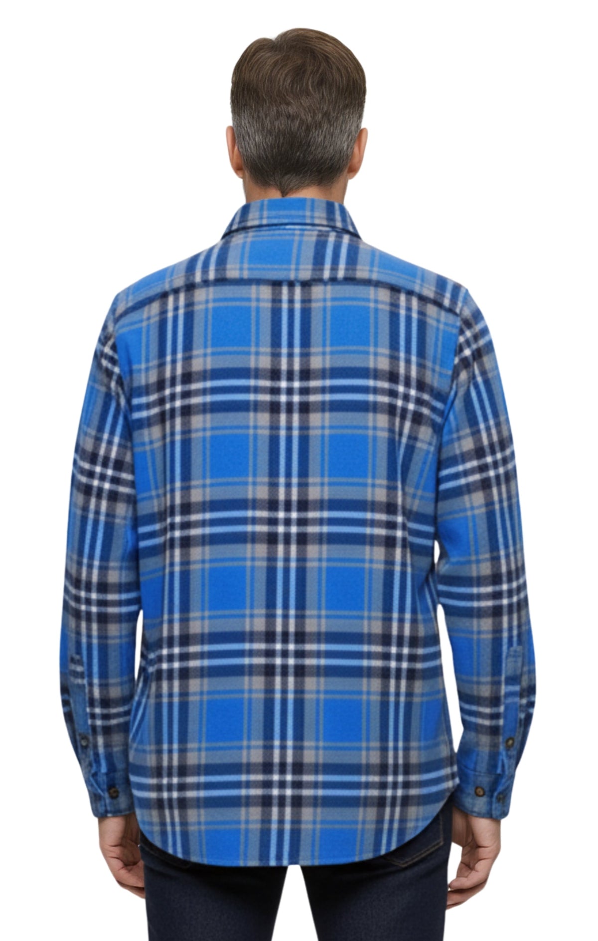 Turtle Bay men's fleece button-front overshirt in Blue Plaid, back view
