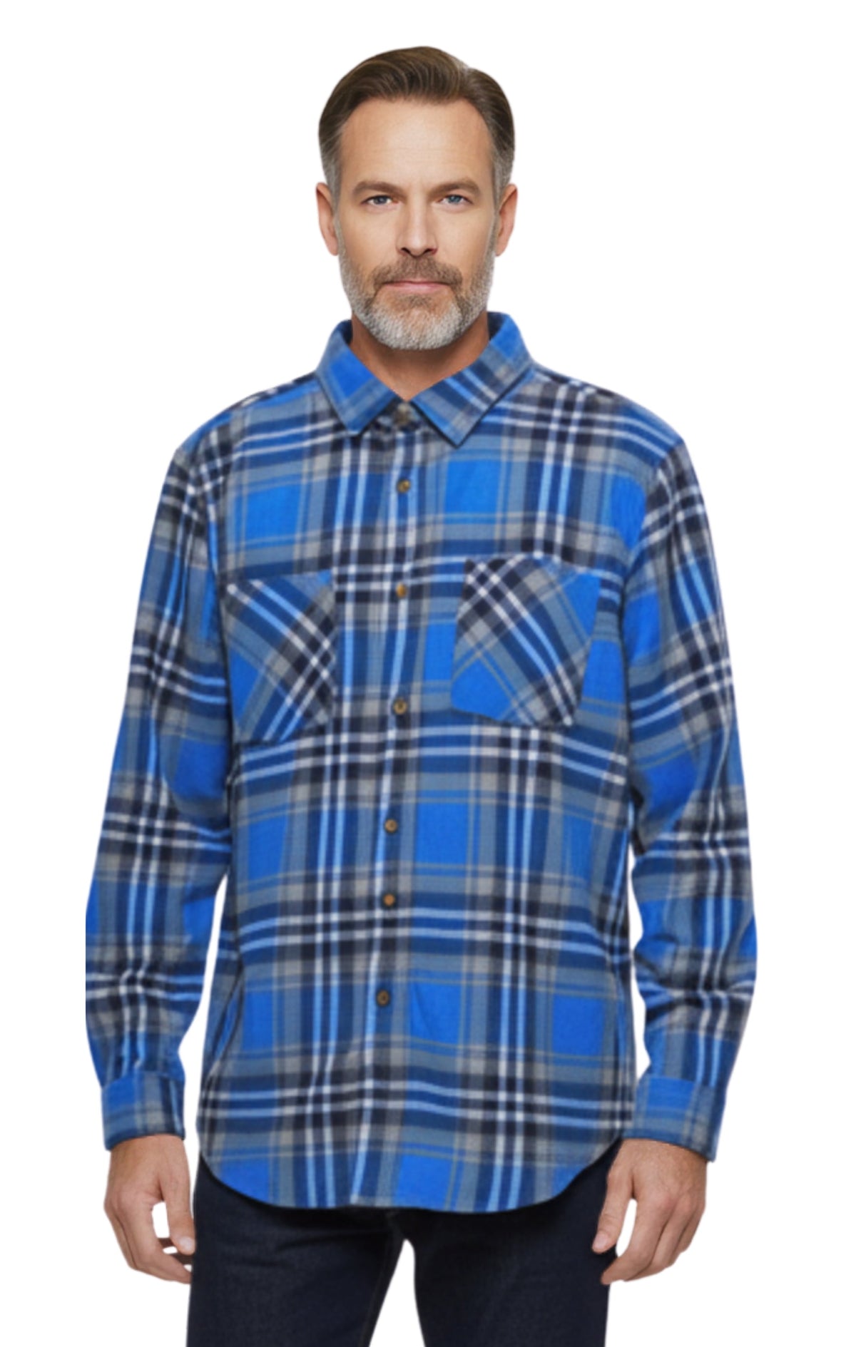 Turtle Bay men's fleece button-front overshirt in Blue Plaid, front view