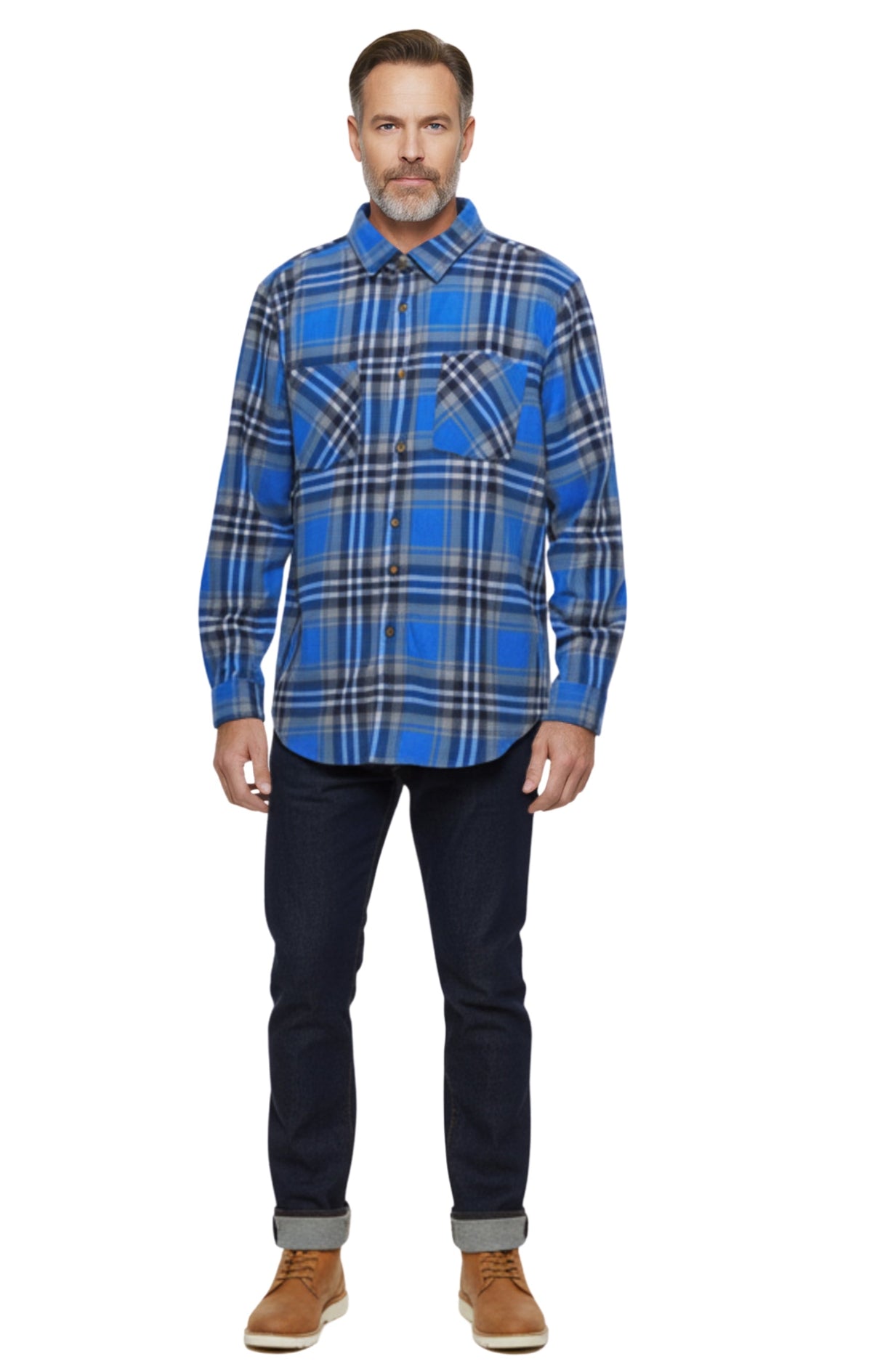 Turtle Bay men's fleece button-front overshirt in Blue Plaid, full-length view