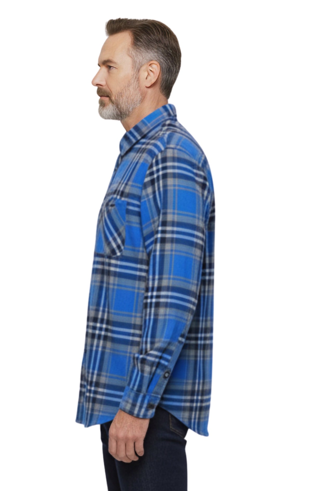 Turtle Bay men's fleece button-front overshirt in Blue Plaid, side view