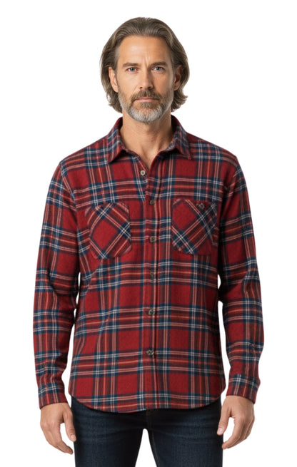 Turtle Bay men's fleece button-front overshirt in Burgundy Plaid, front view