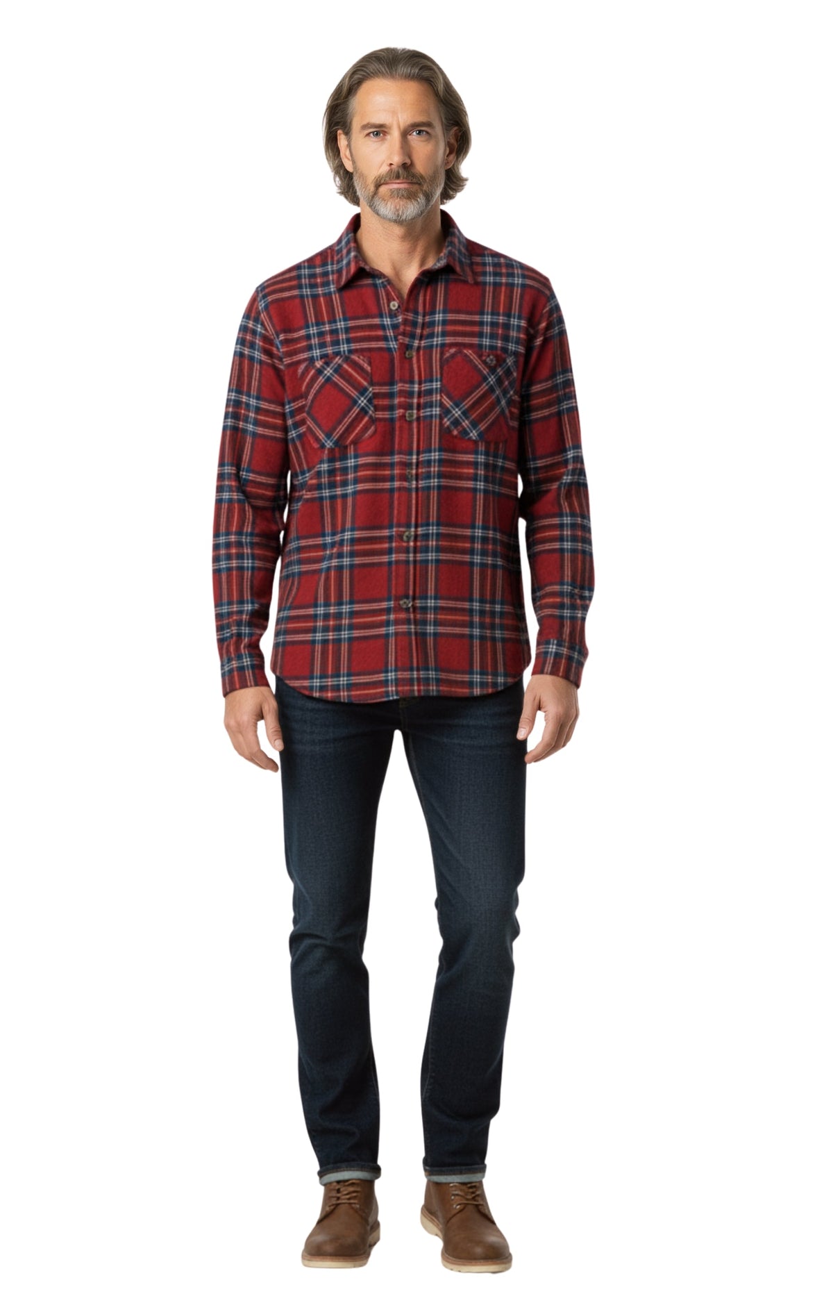 Turtle Bay men's fleece button-front overshirt in Burgundy Plaid, full-length view
