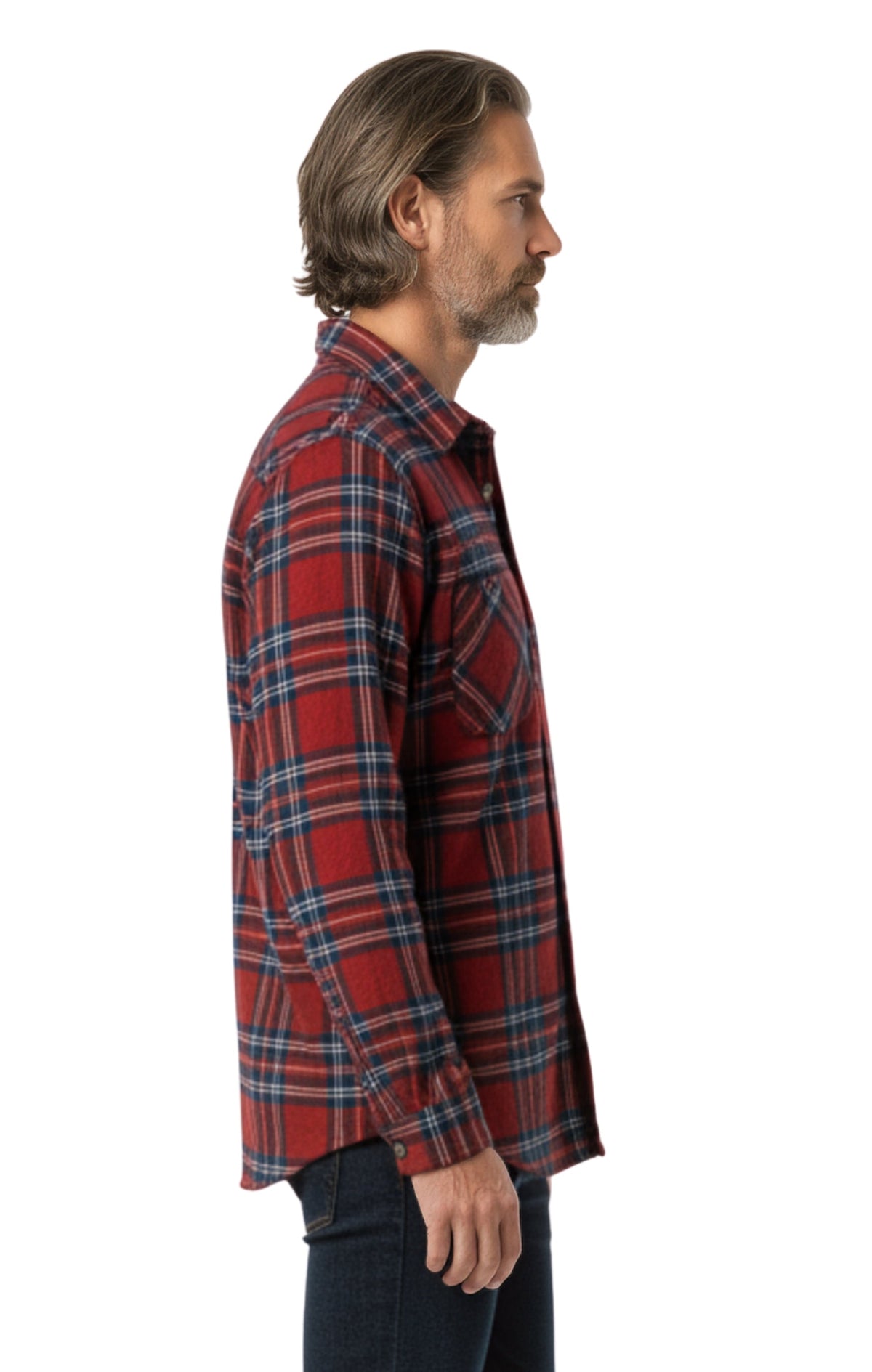 Turtle Bay men's fleece button-front overshirt in Burgundy Plaid, side view