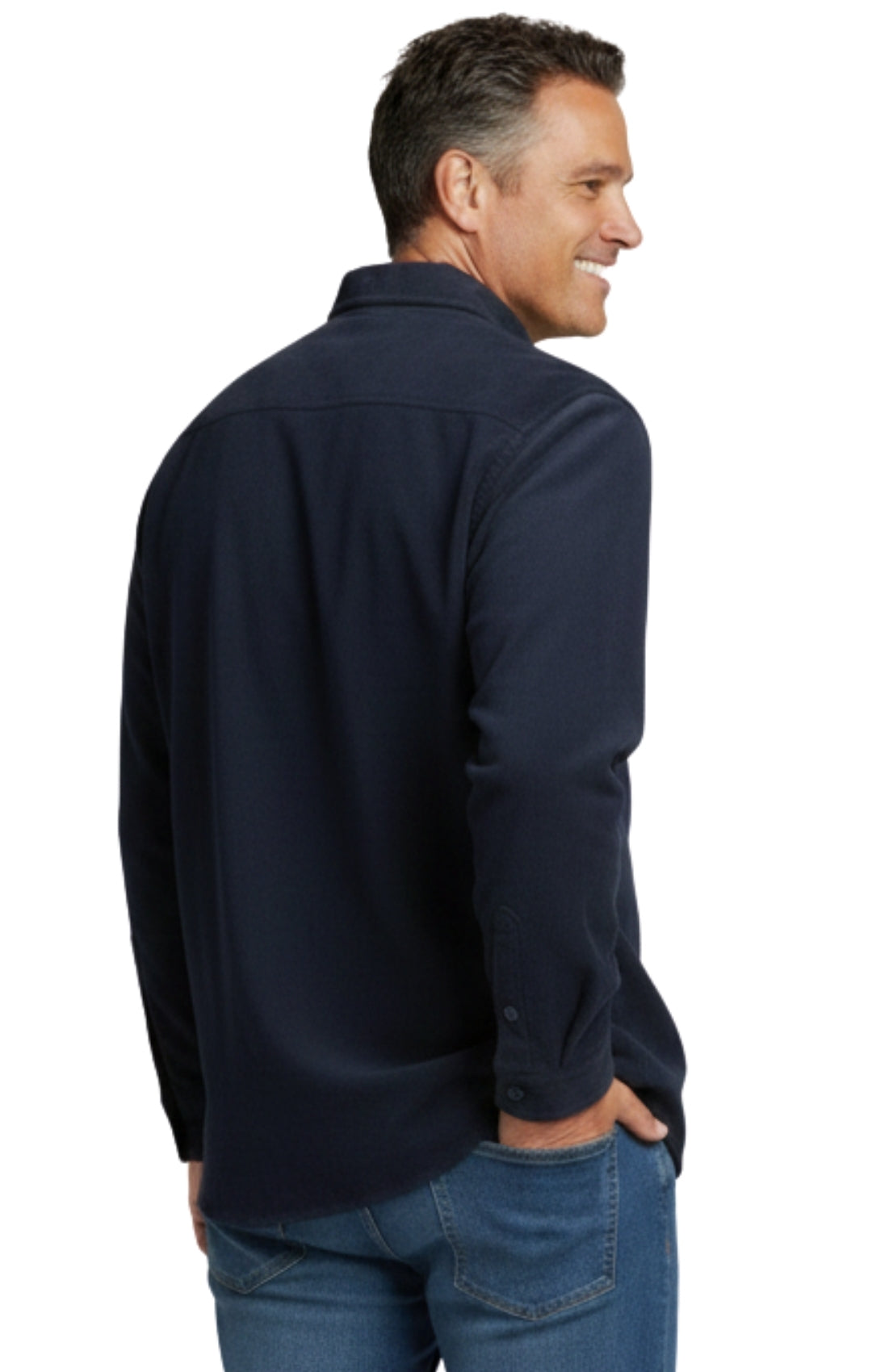 Turtle Bay men's fleece button-front overshirt in Navy, back view