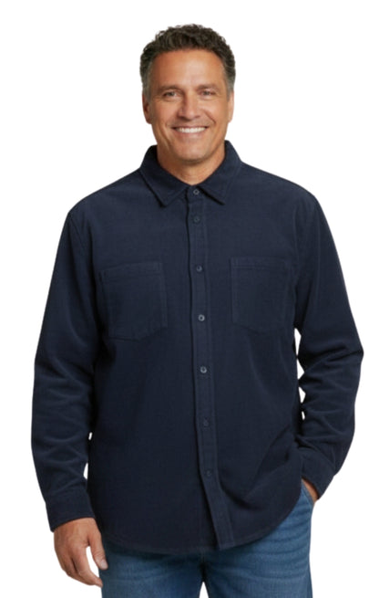Turtle Bay men's fleece button-front overshirt in Navy, front view