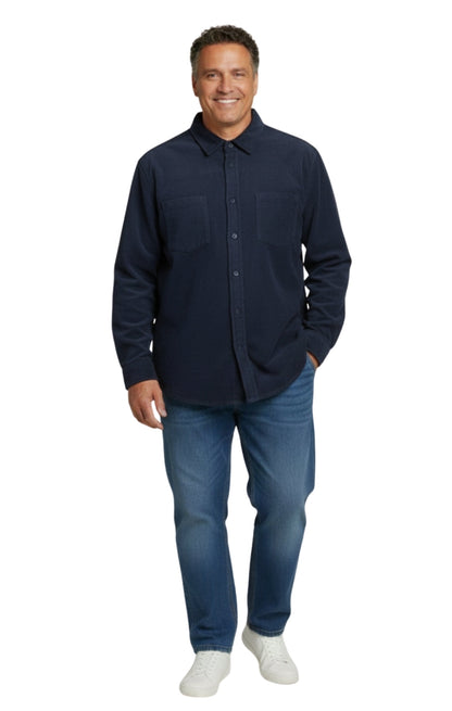 Turtle Bay men's fleece button-front overshirt in Navy, full-length view