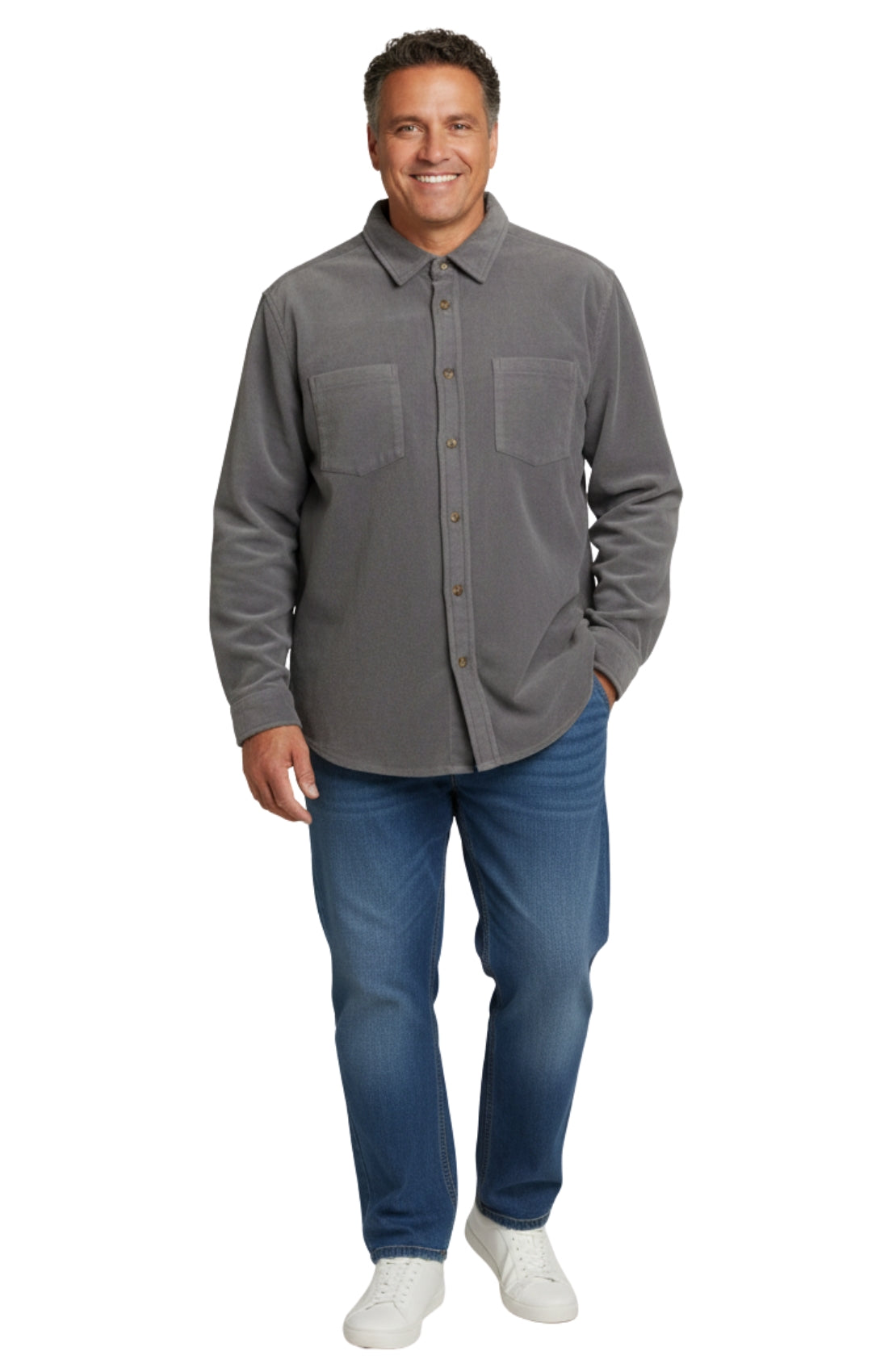 Turtle Bay men's fleece button-front overshirt in Steel, full-length view