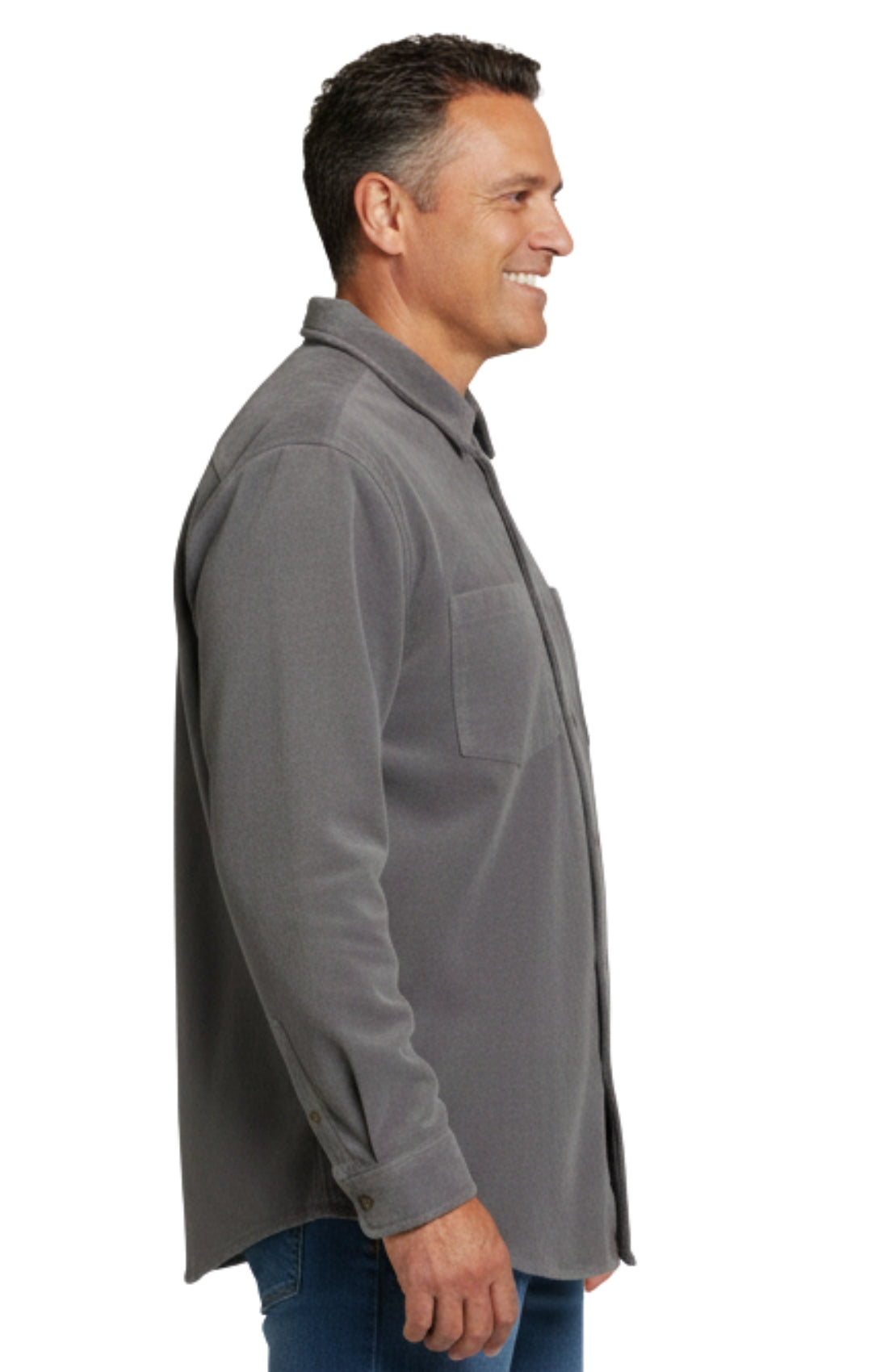 Turtle Bay men's fleece button-front overshirt in Steel, side view