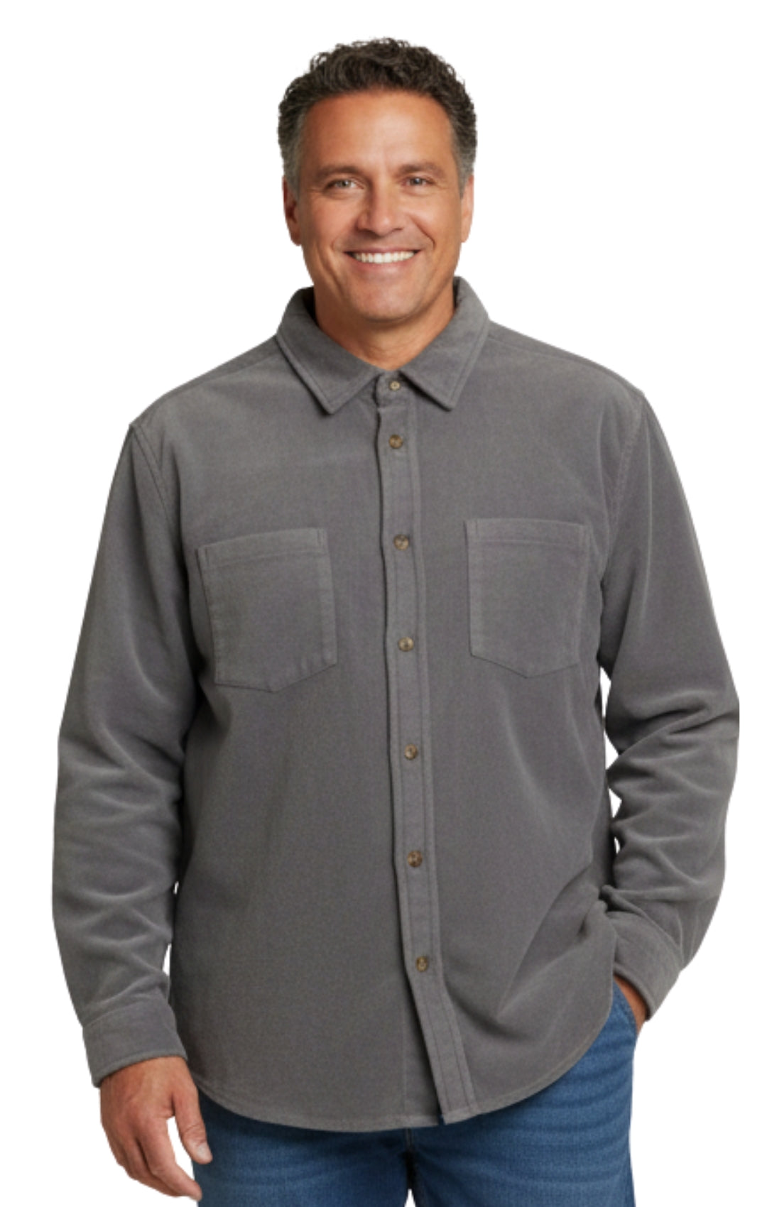 Turtle Bay men's fleece button-front overshirt in Steel, front view