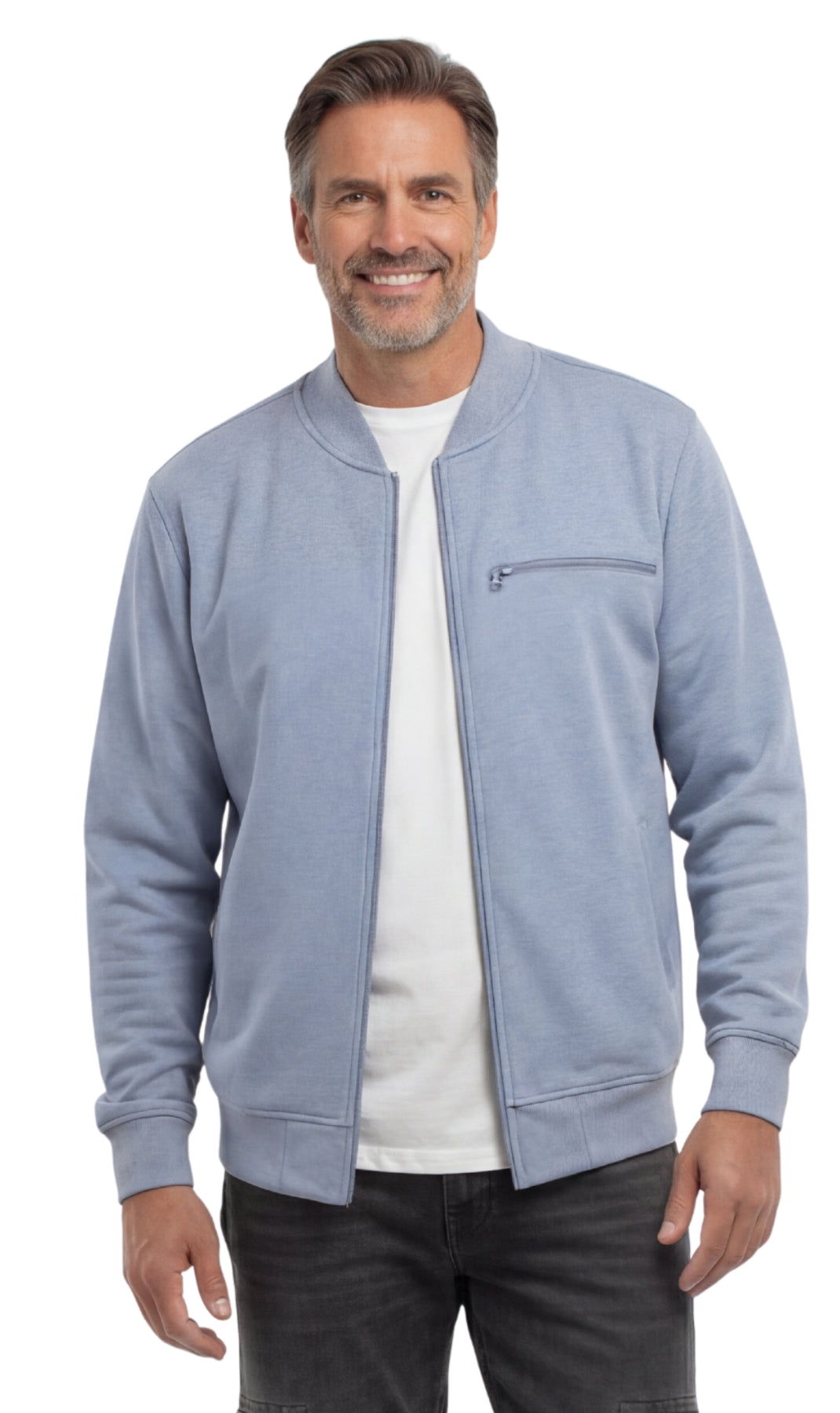 Turtle Bay men's zip-up baseball fleece jacket in Blue Heather, front view