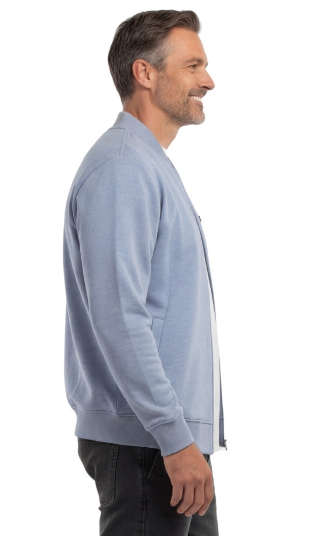 Turtle Bay men's zip-up baseball fleece jacket in Blue Heather, side view