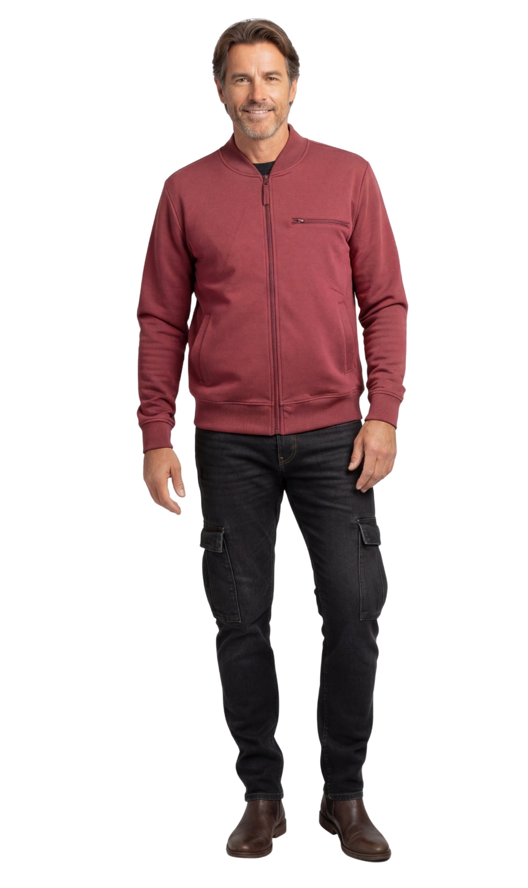 Turtle Bay men's zip-up baseball fleece jacket in Burgundy, full-length view