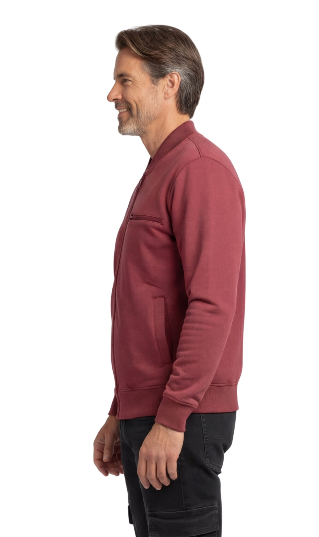 Turtle Bay men's zip-up baseball fleece jacket in Burgundy, side view